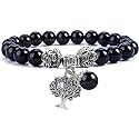 Young &amp; Forever Gift D'vine Lotus Lion Tiger Charm Crystal Natural Stone Reiki Yoga Bracelet for Mens Women (Black Onyx+Tree of Life)