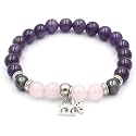 Young &amp; Forever Gift D'vine Lotus Lion Tiger Charm Crystal Natural Stone Reiki Yoga Bracelet for Mens Women (Amethyst+Rose Quartz+Elephant)