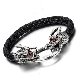 young amp forever men39s genuine leather bracelet  vintage braided cord gothic punk cross dual dragon eagle motif amp skeletal scale metallic cuff wristband adjustable multi-layer jewelry