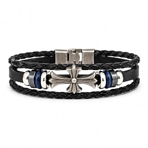 young amp forever men39s genuine leather bracelet  vintage braided cord gothic punk cross dual dragon eagle motif amp skeletal scale metallic cuff wristband adjustable multi-layer jewelry