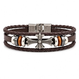 young amp forever men39s genuine leather bracelet  vintage braided cord gothic punk cross dual dragon eagle motif amp skeletal scale metallic cuff wristband adjustable multi-layer jewelry