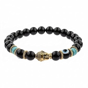 young amp forever black onyx buddha amp evil eye protection bracelet for men and women - nazar bead elastic healing crystal bracelet for good luck success amp positive energy 8mm beads