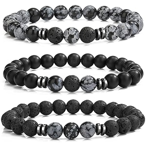 young amp forever natural stone beaded bracelet snowflake obsidian lava rock and black onyx set of 3 for men women girls boys