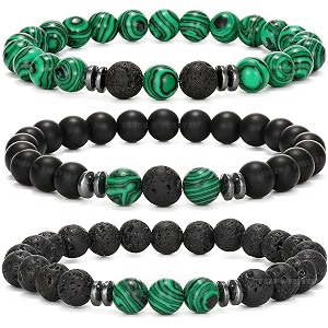young amp forever beaded bracelet set malachite black onyx and lava stone 3-piece for men women girls boys
