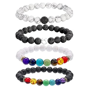 young amp forever howlite natural stone bracelets set 7 chakra beads black and white lava rock 4-piece for men women girls boys