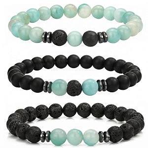 young amp forever natural stone bead bracelet set amazonite and lava rock with black onyx 3 pieces for men women girls boys
