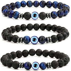 young amp forever evil eye protection bracelet blue tiger eye with lava stone and black onyx beads for men women girls boys