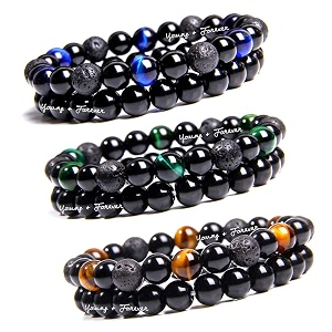 young amp forever natural stone beaded bracelet set black onyx with lava rock and tiger eye 6 pieces for men women girls boys
