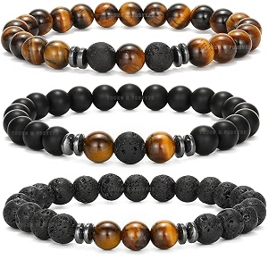 young amp forever natural stone beaded bracelets tiger eye black onyx and lava rock set of 3 for men women girls boys