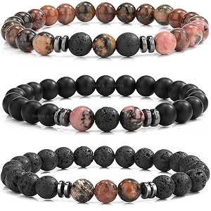 young amp forever natural stone beaded bracelet rhodonite and black lava rock with onyx unisex design for men women girls boys