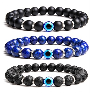 young amp forever natural gemstone evil eye bracelet set black onyx lapis lazuli lava stone silver accents for men women girls boys