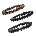 Young &amp; Forever Natural Stone Beaded Bracelets Set, Tiger Eye, Black Onyx, Lava Stone, 3-Piece Stack for Men Women Girls Boys