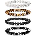 Young &amp; Forever Natural Stone Bead Bracelets Set, Tiger Eye, White Howlite, Lava Stone, Matt Black Agate, 4-Piece for Men Women Girls Boys