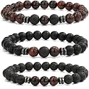 Young &amp; Forever Natural Stone Beaded Bracelet Set, Red Tiger Eye with Black Onyx and Lava Rock, 8mm for Men Women Girls Boys