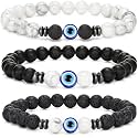 Young &amp; Forever Evil Eye Protection Bracelet, Natural Stone Beads with Howlite, Lava Rock, Black Onyx, 3-Piece Set for Men Women Girls Boys