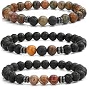 Young &amp; Forever Natural Stone Beaded Bracelet, Picasso Jasper with Lava and Black Onyx, 8mm Beads for Men Women Girls Boys