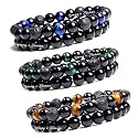 Young &amp; Forever Natural Stone Beaded Bracelet Set, Black Onyx with Lava Rock and Tiger Eye, 6 Pieces for Men Women Girls Boys