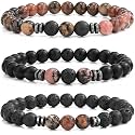 Young &amp; Forever Natural Stone Beaded Bracelet, Rhodonite and Black Lava Rock with Onyx, Unisex Design for Men Women Girls Boys