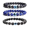 Young &amp; Forever Natural Gemstone Evil Eye Bracelet Set, Black Onyx, Lapis Lazuli, Lava Stone, Silver Accents for Men Women Girls Boys