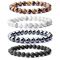 Young &amp; Forever Natural Stone Beaded Bracelets Set, Tiger Eye, Howlite, Hematite, Lava Rock, 4 Pieces for Men Women Girls Boys
