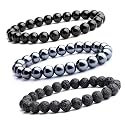 Young &amp; Forever Natural Stone Bead Bracelets Set, Hematite, Black Onyx and Lava Rock, 8mm Beads for Men Women Girls Boys