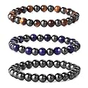 Young &amp; Forever Natural Stone Beaded Bracelet, Hematite with Blue and Brown Tiger Eye, 8mm Beads for Men Women Girls Boys