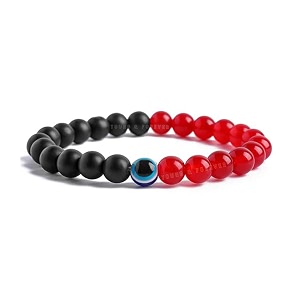 young amp forever natural red onyx and matte black onyx evil eye bracelet for men amp women  8mm healing crystal stone beads for nazar protection reiki energy amp spiritual strength  unisex stretchable
