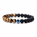 Young &amp; Forever Natural Tiger Eye and Matte Black Onyx Evil Eye Bracelet for Men &amp; Women - Adjustable Beaded Stone Bracelet for Strength, Focus &amp; Protection - Ideal Valentine's Day Gift