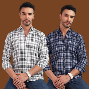 youth first Men Checkered Casual White Blue