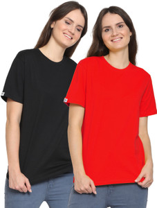 YouthPoi Solid Women Round Neck Black Red