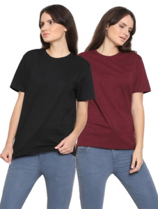 YouthPoi Solid Women Round Neck Maroon Black