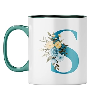 yubingo ceramic stylish initial s mug - personalized floral gift dark green inner amp handle dark green inner amp handle tea cup 310ml