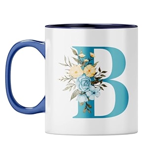 yubingo elegant monogram mug - floral b design dark blue inner amp handle dark blue inner amp handle tea cup 310ml