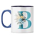 YuBingo Elegant Monogram Mug - Floral B Design, Dark Blue Inner &amp; Handle (Dark Blue Inner &amp; Handle, Tea Cup, 310ML)