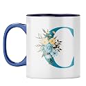 YuBingo Elegant Monogram Mug - Floral C Design, Dark Blue Inner &amp; Handle (Dark Blue Inner &amp; Handle, Tea Cup, 310ML)