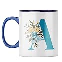 YuBingo Elegant Monogram Mug - Floral A Design, Dark Blue Inner &amp; Handle (Dark Blue Inner &amp; Handle, Tea Cup, 310ML)