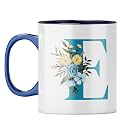 YuBingo Elegant Monogram Mug - Floral E Design, Dark Blue Inner &amp; Handle (Dark Blue Inner &amp; Handle, Tea Cup, 310ML)