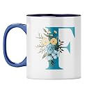 YuBingo Elegant Monogram Mug - Floral F Design, Dark Blue Inner &amp; Handle (Dark Blue Inner &amp; Handle, Tea Cup, 310ML)