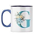 YuBingo Elegant Monogram Mug - Floral G Design, Dark Blue Inner &amp; Handle (Dark Blue Inner &amp; Handle, Tea Cup, 310ML)