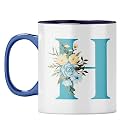 YuBingo Elegant Monogram Mug - Floral H Design, Dark Blue Inner &amp; Handle (Dark Blue Inner &amp; Handle, Tea Cup, 310ML)