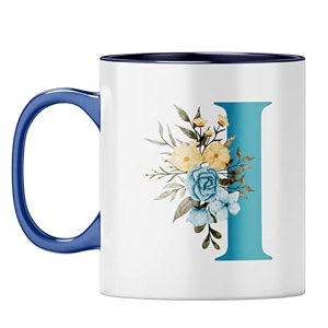 yubingo elegant monogram mug - floral i design dark blue inner amp handle dark blue inner amp handle tea cup 310ml