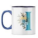 YuBingo Elegant Monogram Mug - Floral I Design, Dark Blue Inner &amp; Handle (Dark Blue Inner &amp; Handle, Tea Cup, 310ML)