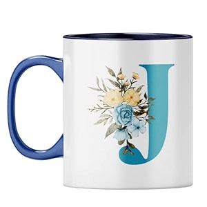 yubingo elegant monogram mug - floral j design dark blue inner amp handle dark blue inner amp handle tea cup 310ml