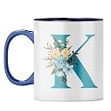 YuBingo Elegant Monogram Mug - Floral K Design, Dark Blue Inner &amp; Handle (Dark Blue Inner &amp; Handle, Tea Cup, 310ML)