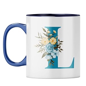 yubingo elegant monogram mug - floral l design dark blue inner amp handle dark blue inner amp handle tea cup 310ml
