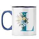 YuBingo Elegant Monogram Mug - Floral L Design, Dark Blue Inner &amp; Handle (Dark Blue Inner &amp; Handle, Tea Cup, 310ML)