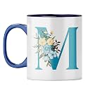 YuBingo Elegant Monogram Mug - Floral M Design, Dark Blue Inner &amp; Handle (Dark Blue Inner &amp; Handle, Tea Cup, 310ML)