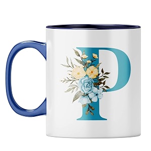 yubingo elegant monogram mug - floral p design dark blue inner amp handle dark blue inner amp handle tea cup 310ml