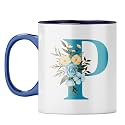 YuBingo Elegant Monogram Mug - Floral P Design, Dark Blue Inner &amp; Handle (Dark Blue Inner &amp; Handle, Tea Cup, 310ML)