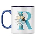 YuBingo Elegant Monogram Mug - Floral R Design, Dark Blue Inner &amp; Handle (Dark Blue Inner &amp; Handle, Tea Cup, 310ML)